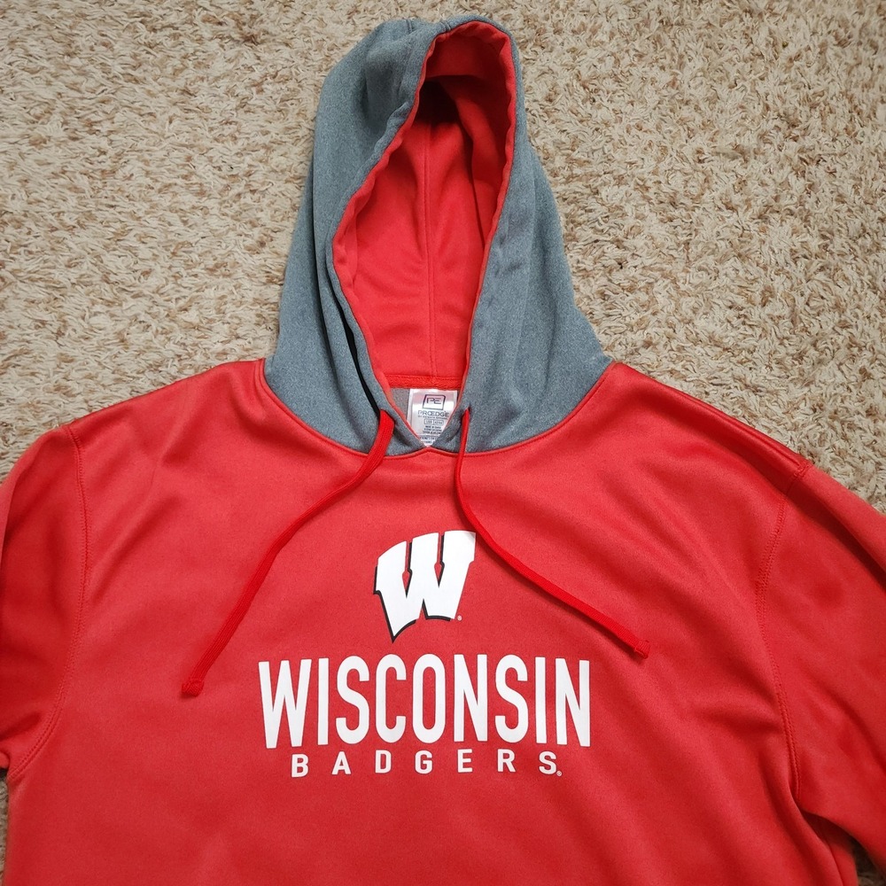 University of Wisconsin Badgers Madison Mens L Gray Red Hoodie Pullover Sweater